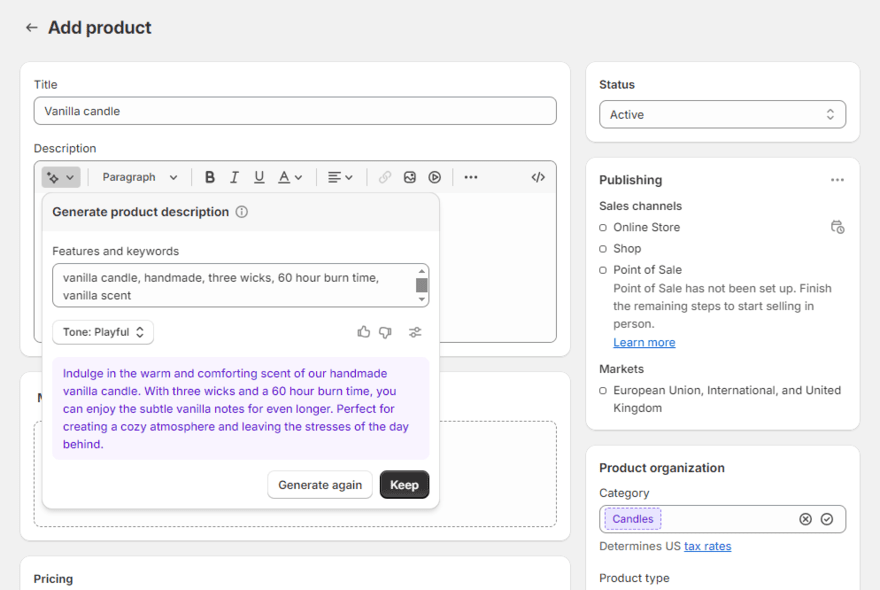 Shopify add product Shopify's page to add products, showing Shopify Magic generating a product description