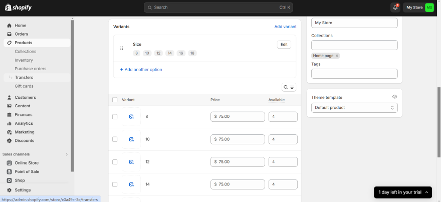 Shopify Adding Product Variants Shopify dashboard in action showing inventory management for variants, price, and quantity of each