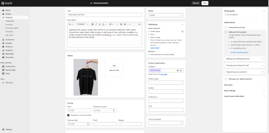 Shopify Adding Products Music Screenshot of a product page on Shopify.
