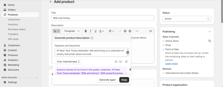 Shopify AI Text Generation Screenshot of Shopify's AI text generation tool in action.