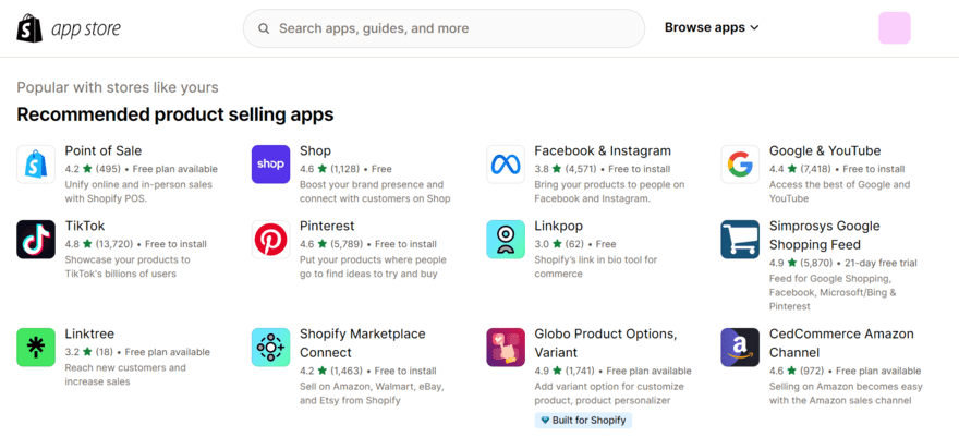 Shopify app store (2) Shopify's app store filtered to show apps for selling