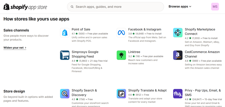 Shopify app store (3) Shopify app market showing apps for sales channels and store design