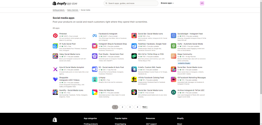 Shopify App Store Social Media Integrations Screenshot of Shopify App Store and a list of social media apps.