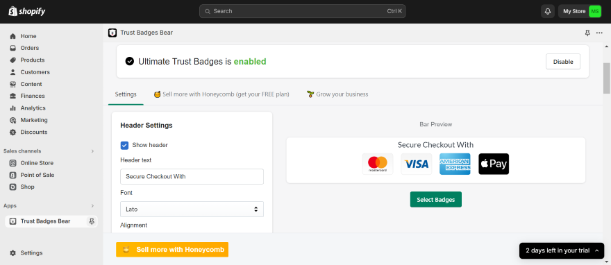 Shopify App Trust Bear Badges Testing Screenshot of Shopify's Trust Badges settings interface showing secure checkout options with various payment method icons.