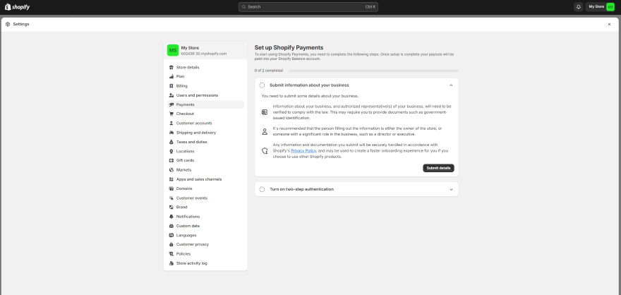 Shopify Business Website Setting Up Payments Screenshot illustrating the process of setting up Shopify Payments in the Shopify dashboard.