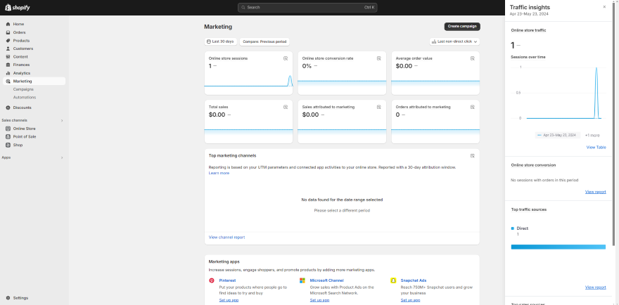 Shopify Dashboard Analytics A screenshot of Shopify's ecommerce marketing dashboard displaying traffic insights, sales and conversion metrics on Shopify.