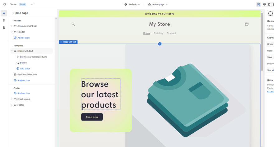 Shopify editor (2) Shopify's website editor showing the structure of the page in the sidebar