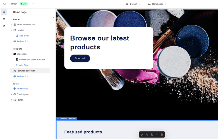 Shopify editor Shopify editor showing a sidebar with the homepage's structure