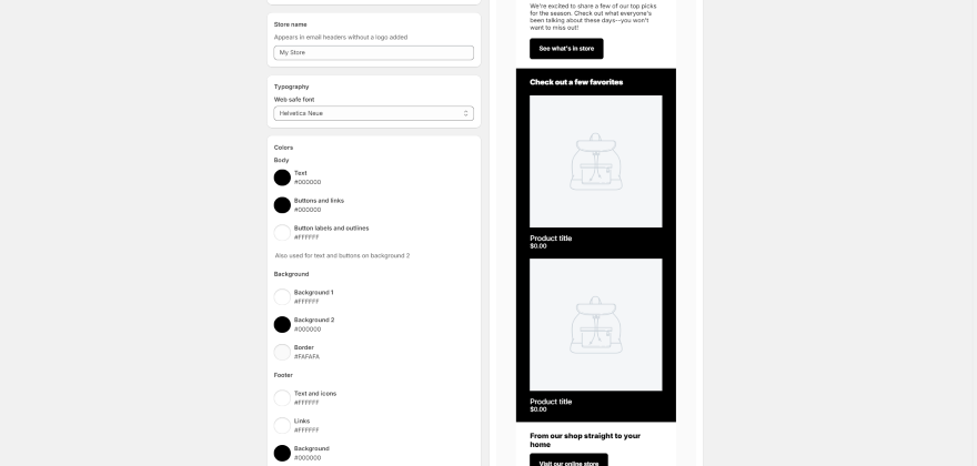 Shopify Email Marketing Screenshot of Shopify's email marketing tool and a basic campaign template.