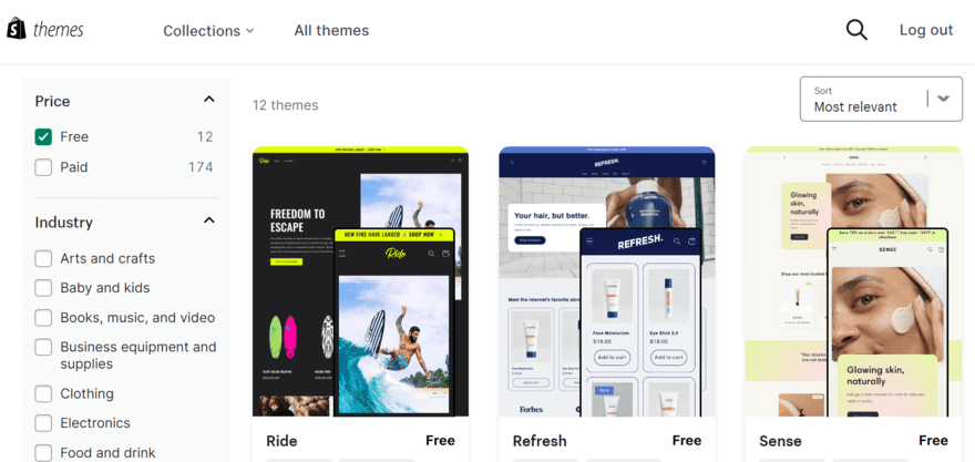 Shopify free templates Selection of free Shopify templates in the template library