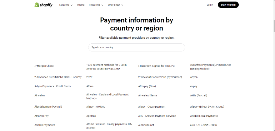 Shopify Key Payment Methods Screenshot of Shopify's page listing over 100 payment methods.