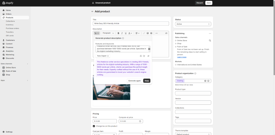 Shopify Magic AI Screenshot of the Shopify dashboard highlighting the 'Add product' section with fields for product details.