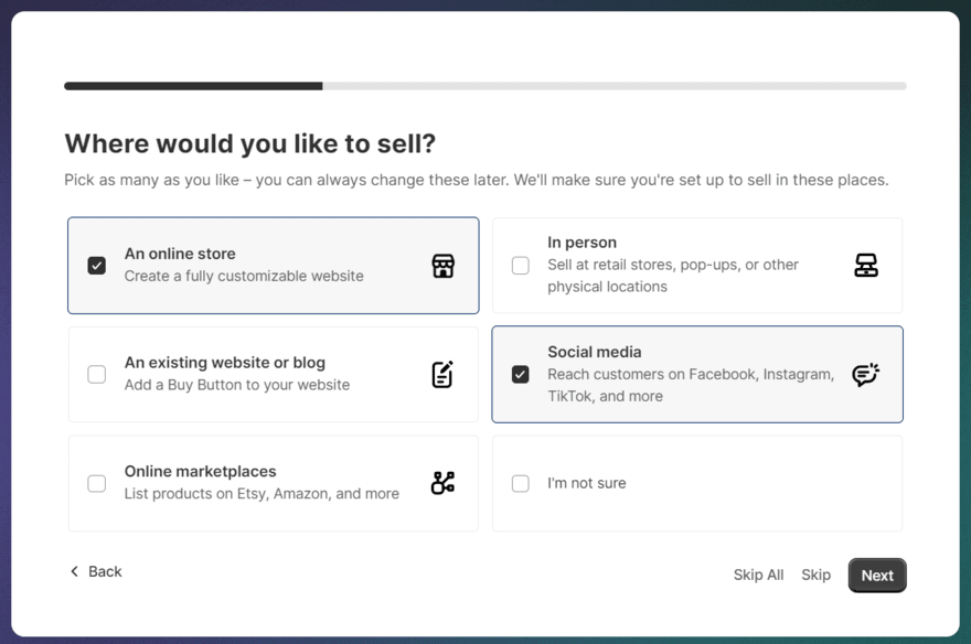 Shopify onboarding Shopify website builder onboarding question asking "where would you like to sell?"