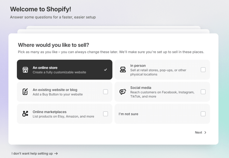 Shopify onboarding questions (1) Shopify onboarding question asking users "where would you like to sell?"