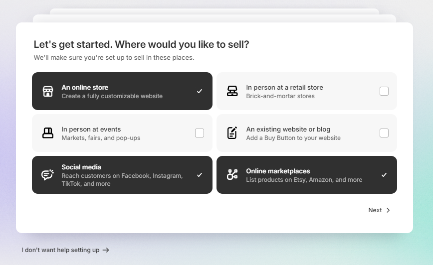 Shopify onboarding Shopify onboarding steps, asking the user where would you like to sell and displaying six different options