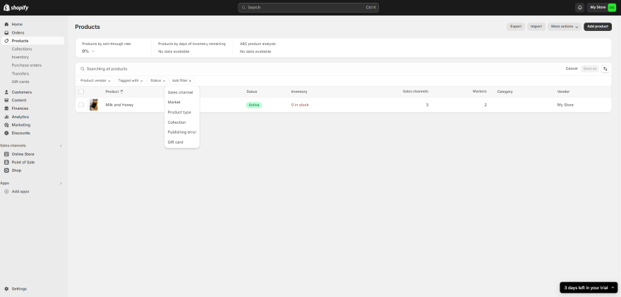 Shopify Organising Product Pages Screenshot of Shopify's product tab featuring one item of stock.