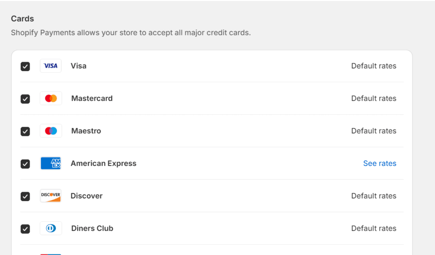 Shopify payments Shopify Payments card options