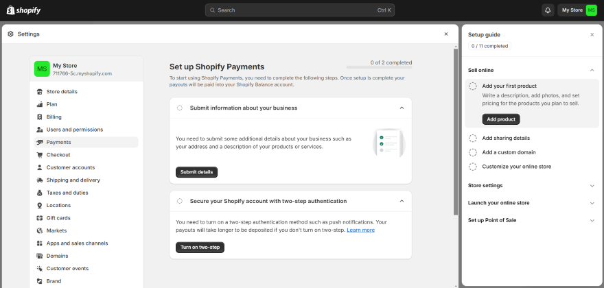 Shopify Payments Dashboard Screenshot of setting up Shopify Payments from the dashboard.