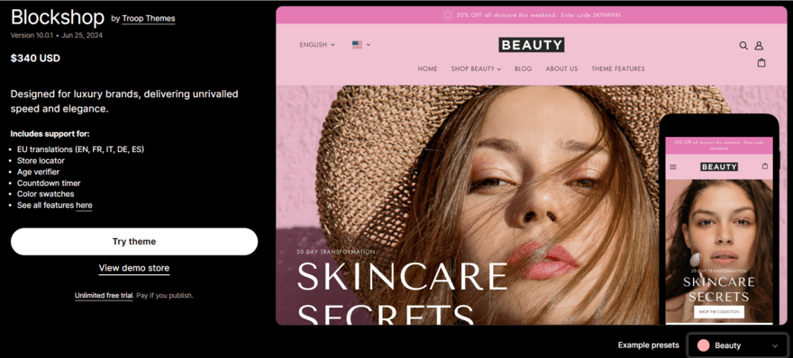 Shopify premium template Shopify premium template called "Blockshop" showing template details and the option to try it out
