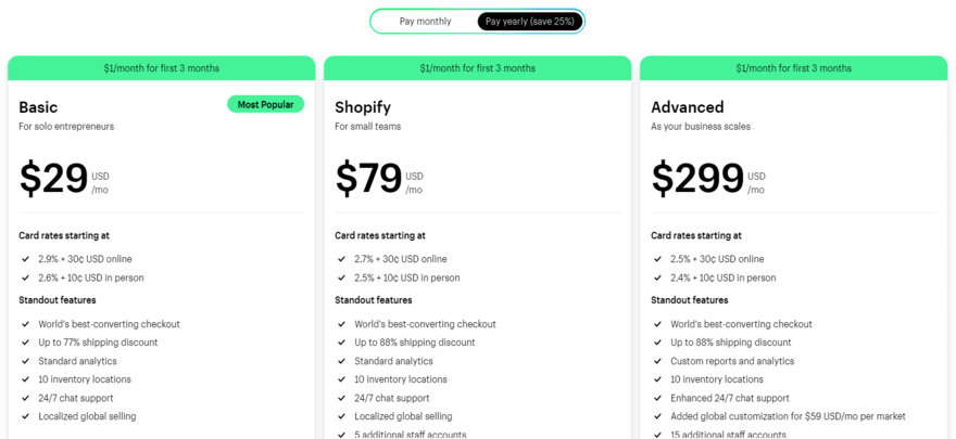 Shopify pricing plans Shopify's three pricing plans with fees and key features displayed