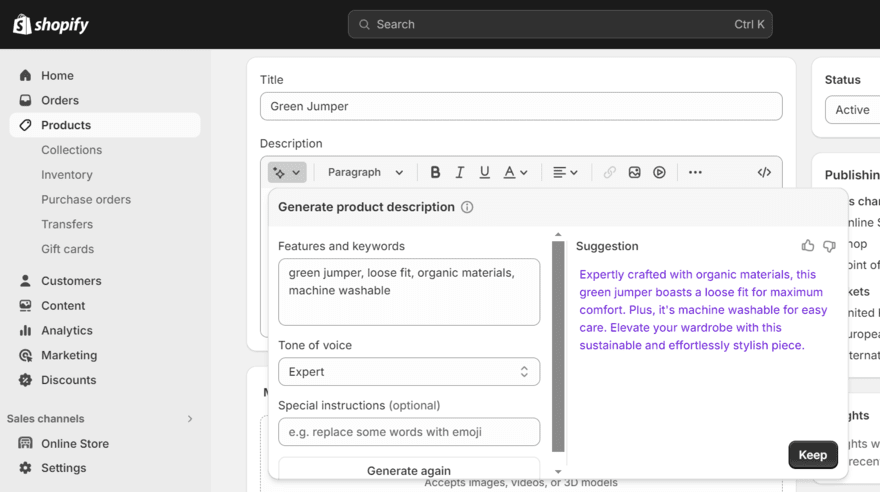 Shopify product page (1) Shopify Magic tool generating a product description