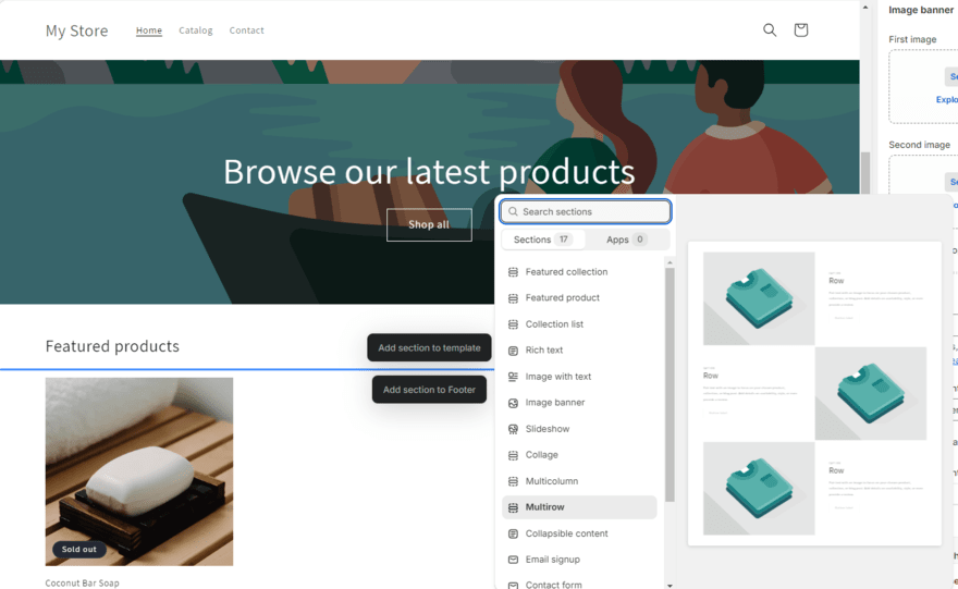 Shopify section options Shopify editor showing section designs