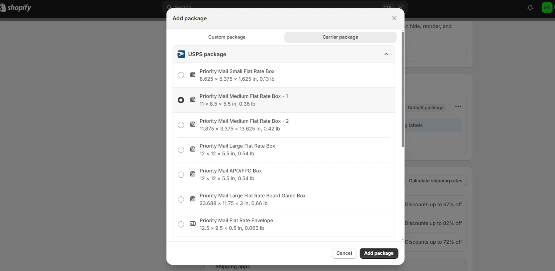 Shopify Shipping packaging selecting packaging types for USPS shipping within shopify settings