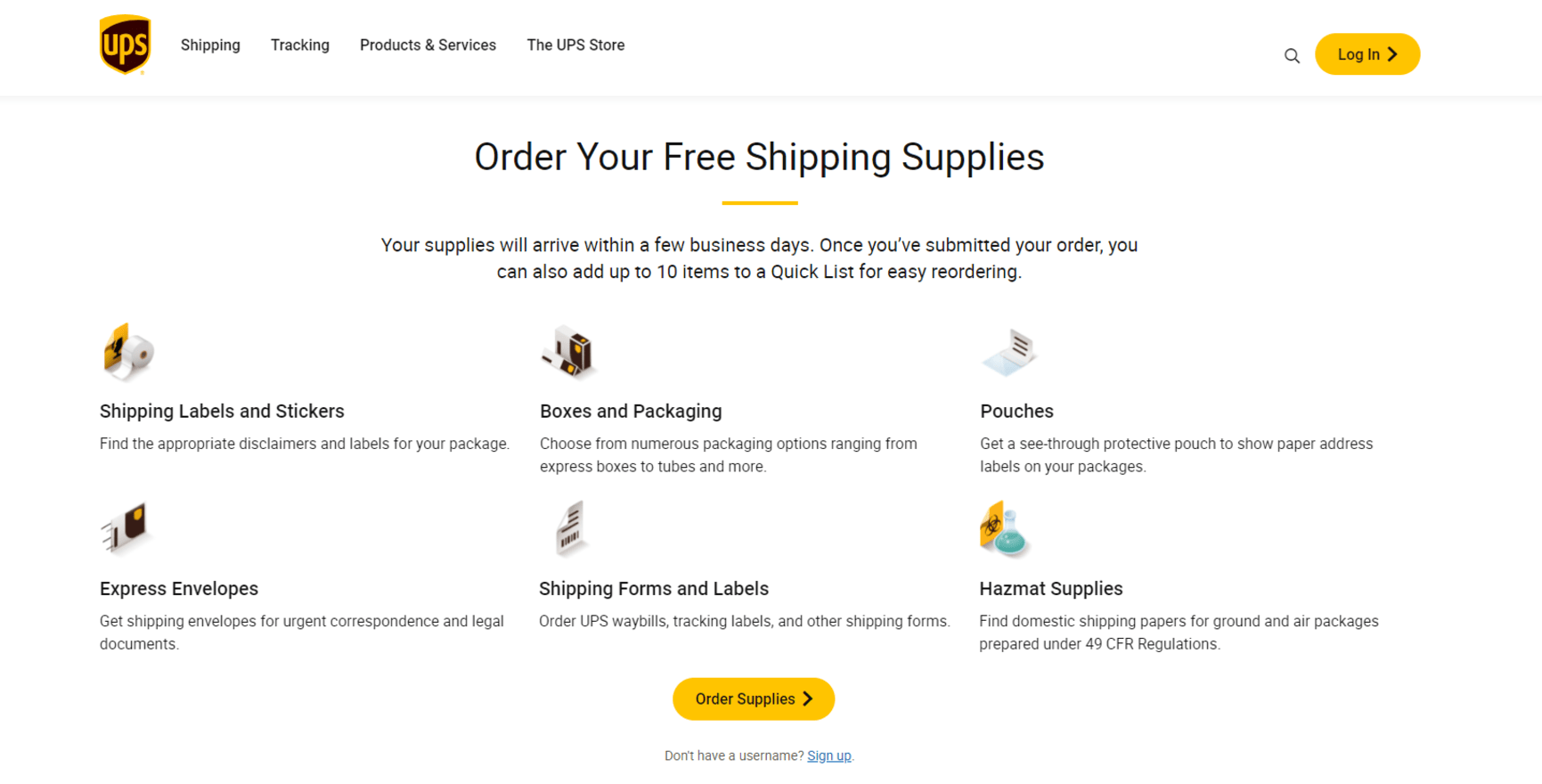 Shopify Shipping UPS UPS website page titled order your free shipping supplies