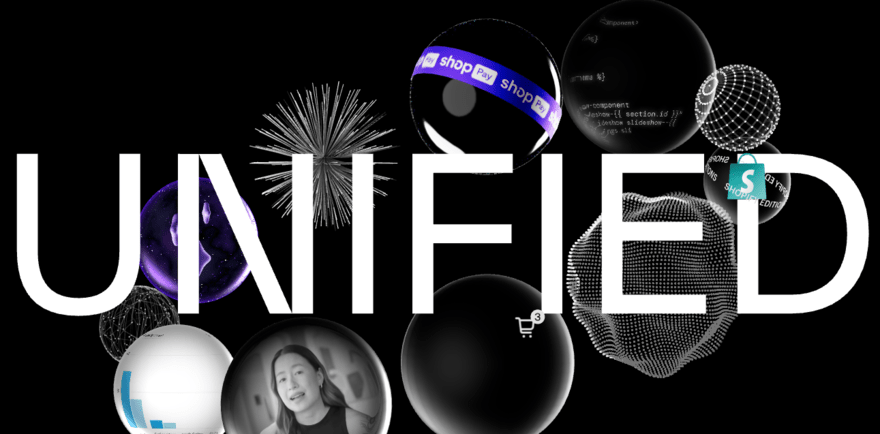 Shopify Summer 24 Editions homepage The word "Unified" in front of a black screen with Shopify-related circles rotating around the word