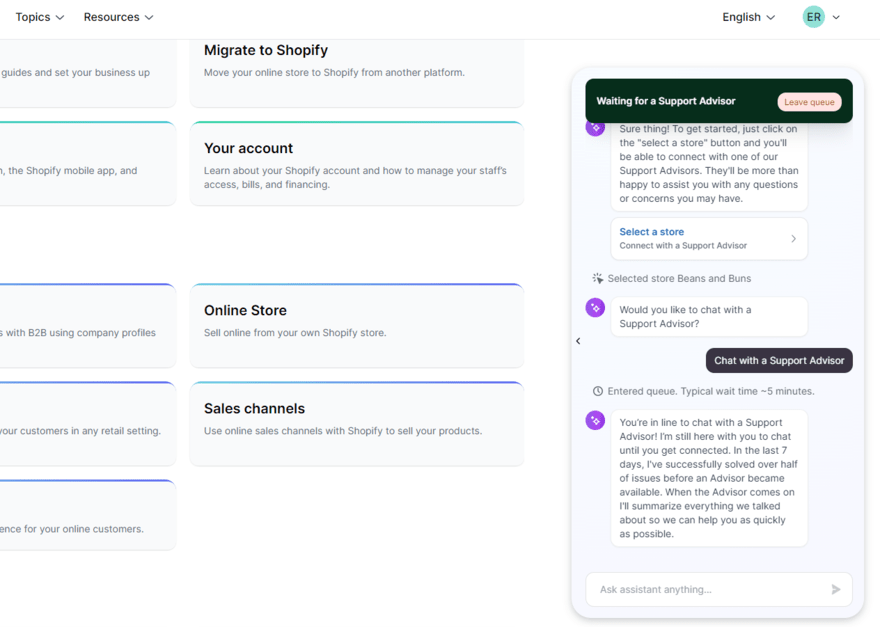 Shopify support advisor queue Shopify live chat support within the help center