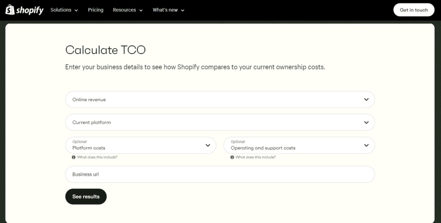 Shopify TCO calculator Shopify's Total Cost of Ownership calculator form