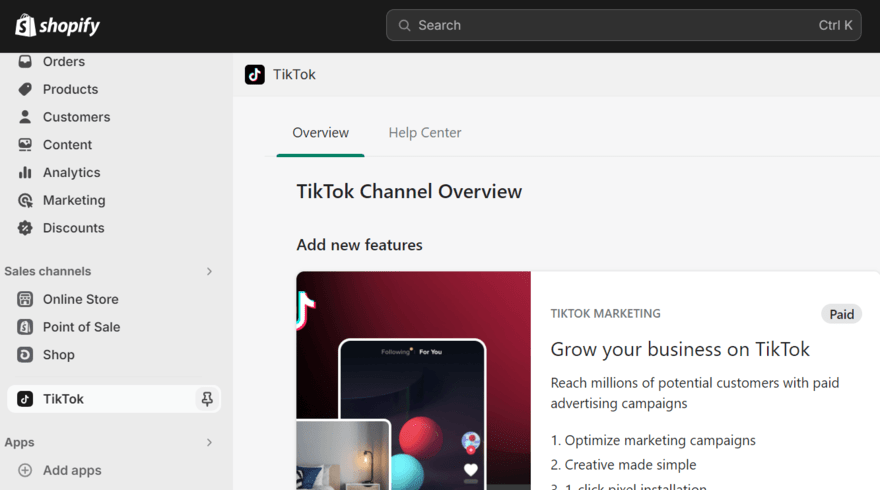 Shopify TikTok selling TikTok app integration in Shopify's dashboard
