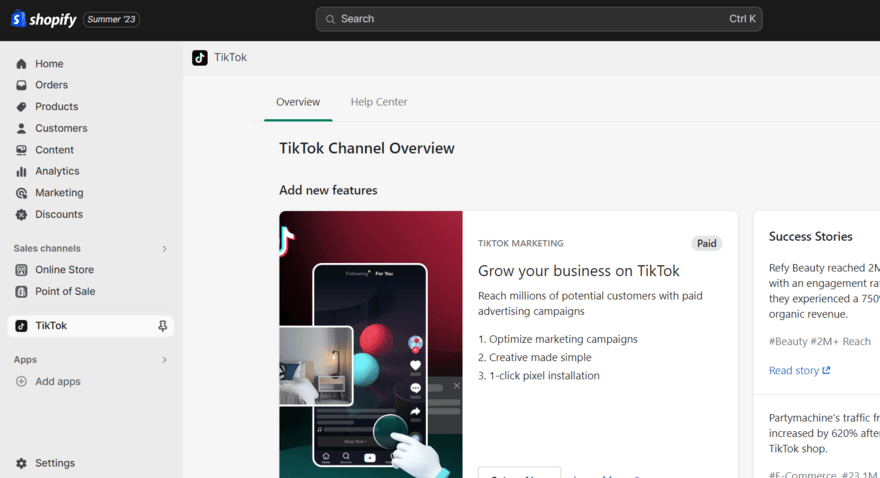 Shopify TikTok Shop TikTok Shop dashboard in Shopify admin