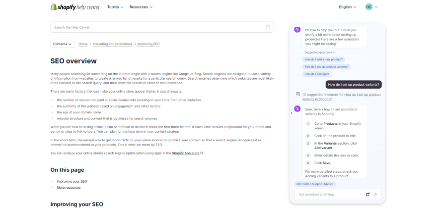 Shopify Virtual Help Assistant Screenshot of a conversation with Shopify's Virtual Help Assistant.
