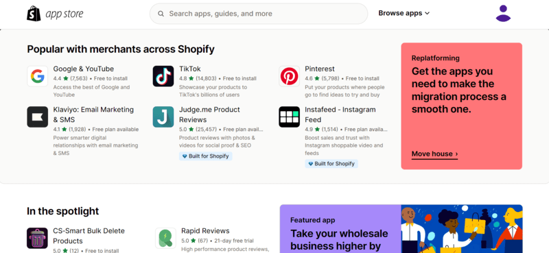 shopify vs wordpress app store (1) Shopify app store with a number of popular plugins