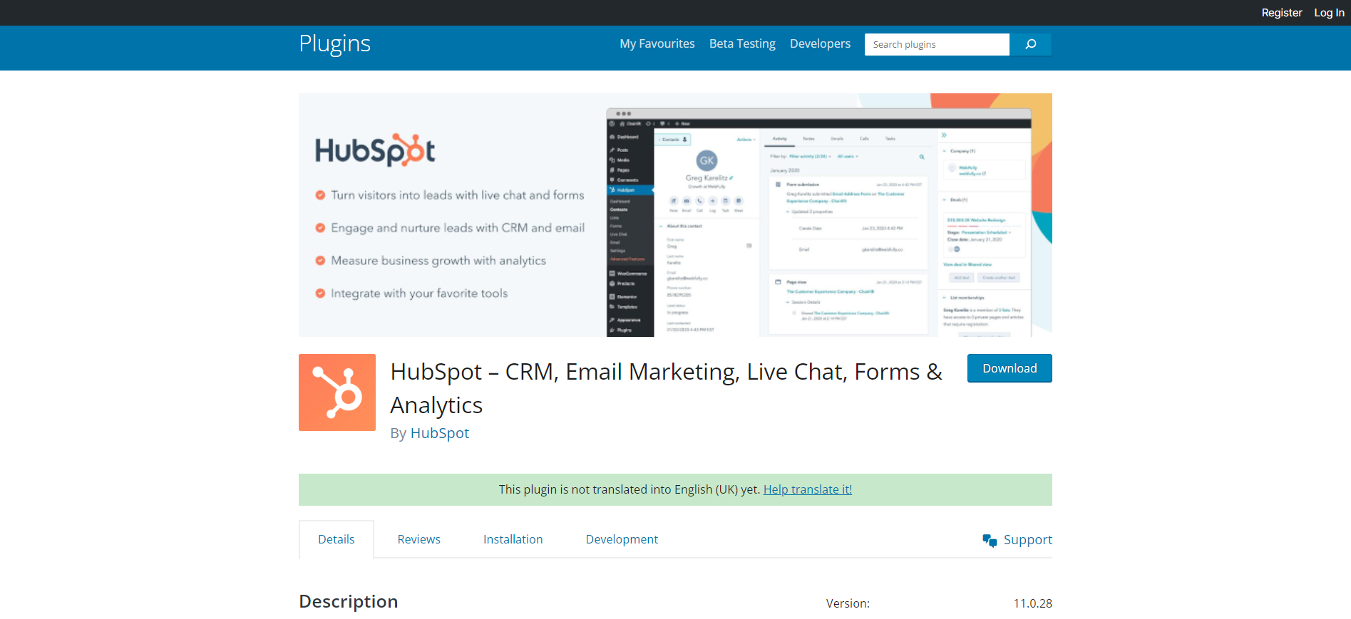 shopify vs wordpress wordpress marketing A screenshot of the Hubspot plugin for wordpress
