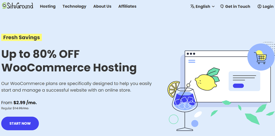 SiteGround WooCommerce 2 SiteGround hosting plan page with a graphic of a lemon drink and whole lemon on a website.