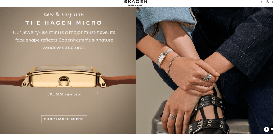 Skagen watches two large product images next to each other of a watch alone and on a woman's wrist on the Skagen homepage