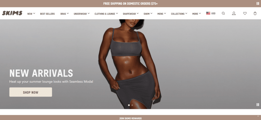 SKIMS SKIMS website homepage showing new arrivals in a top banner