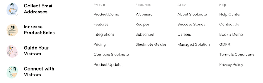 Sleeknote contact us page screenshot Sleeknote contact us page with a grid of contact options