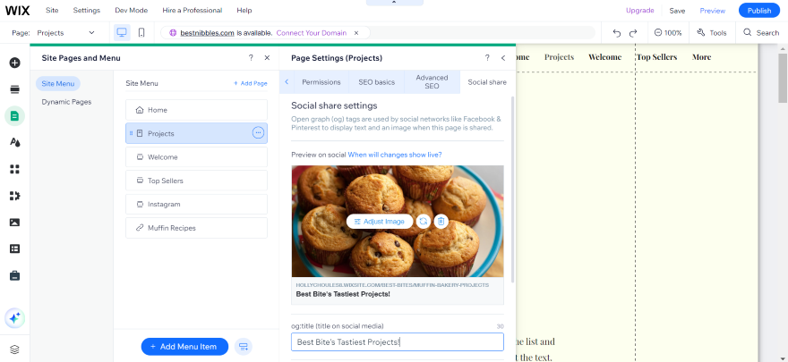 Social media sharing Wix SEO Review Screenshot of a user working on a Wix website editor showing the editing tools for social media sharing.