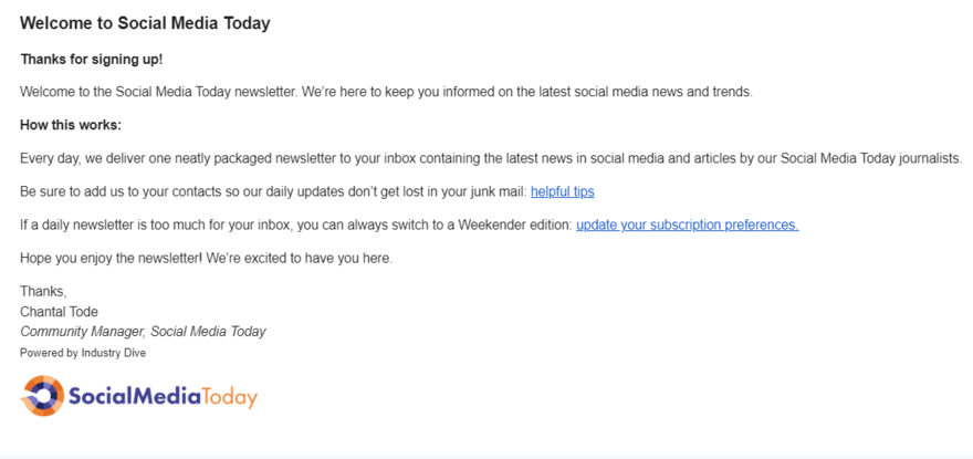 Social Media Today Social Media Today newsletter welcome email