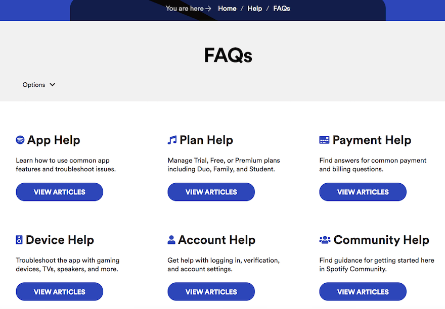 Spotify FAQ page example screenshot Spotify FAQ page example screenshot