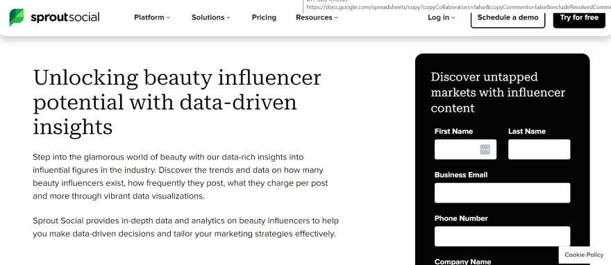 Sprout Social Influencer Marketing Screenshot of a Sprout Social page delving into their beauty influencers and a sign up form