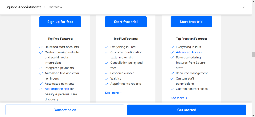 Square Appointment Plans Screenshot of Square Online's three appointment plans and its features.