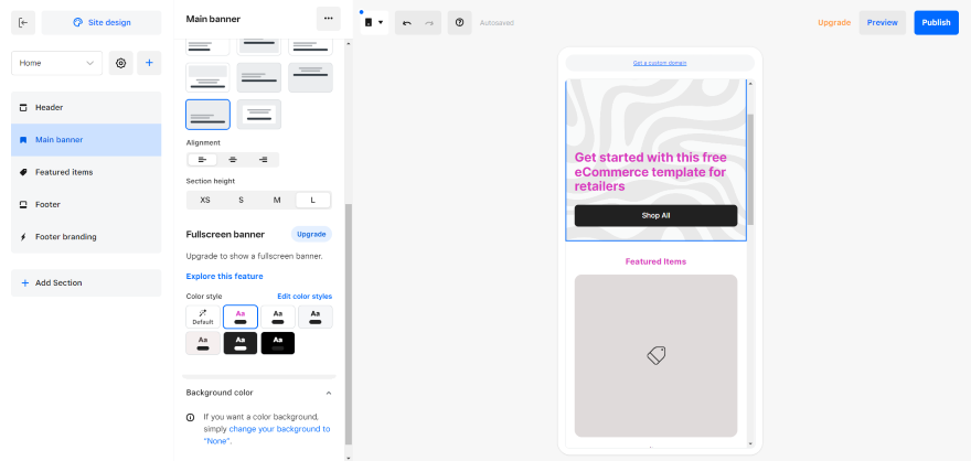 Square Editing Free Template Screenshot of Square Online's editor in mobile view.