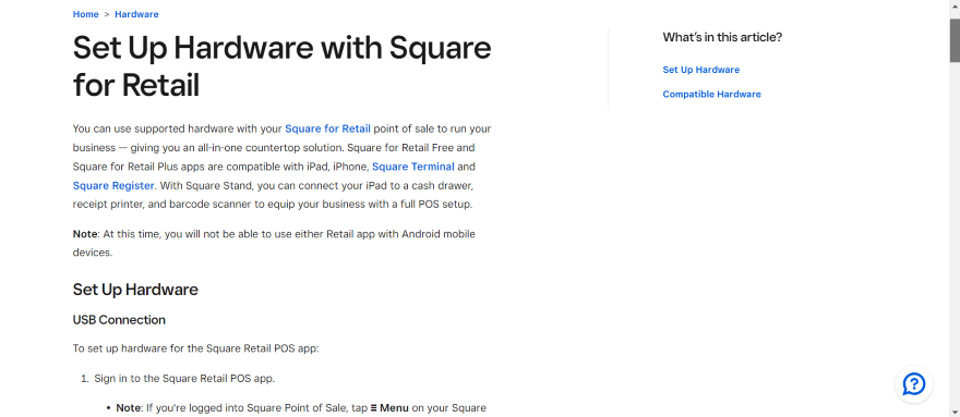 Square Help Center Setting up POS Hardware Screenshot of a Square Online help page covering how to set up POS.