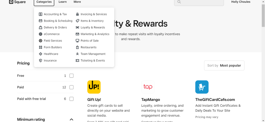 Square Online App Store Screenshot of Square Online's app store showcasing loyalty and rewards apps.