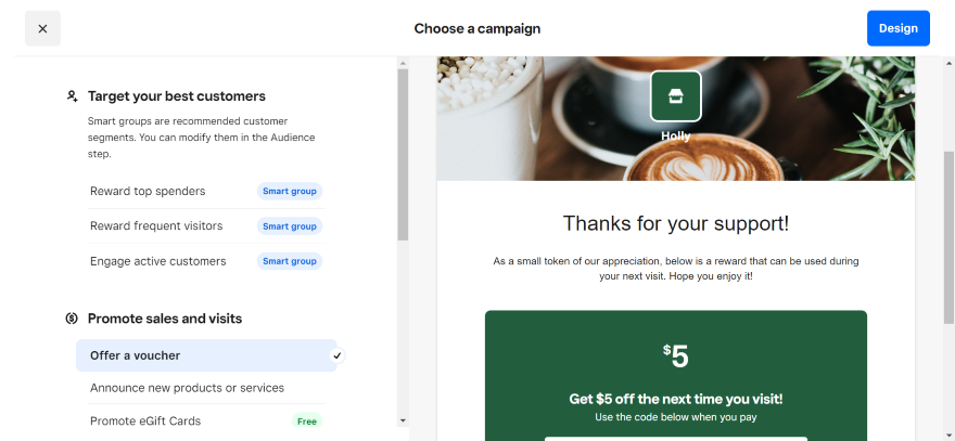 Square Online Email Campaign Page Screenshot of Square Online's email campaign editor.
