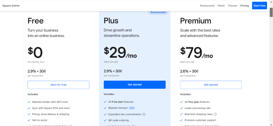 Square Online Pricing Screenshot of Square Online's pricing page and its three plans.